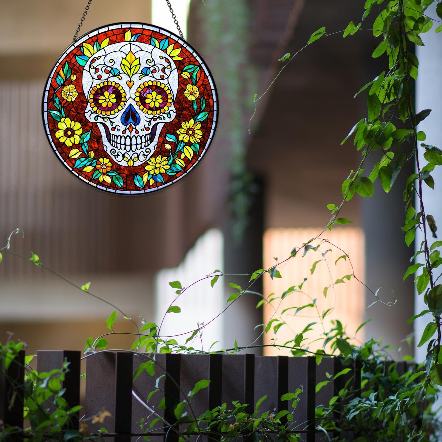 Dia De Los Muertos Sugar Skull Stained Glass Window Hanging Skull Sun Catcher Halloween Decor Halloween Home Decoration Suncatchers for Garden Home Windows Hanging, 7.87inch
