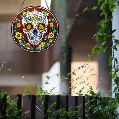Dia De Los Muertos Sugar Skull Stained Glass Window Hanging Skull Sun Catcher Halloween Decor Halloween Home Decoration Suncatchers for Garden Home Windows Hanging, 7.87inch