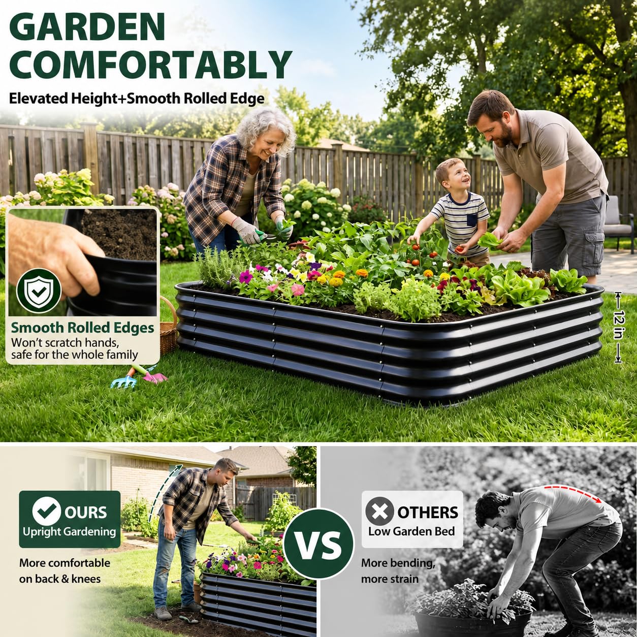 FCCRETA Galvanized Raised Garden Bed for Gardening, 4x4x1ft Large Square Metal Planter Boxes Outdoor for Vegetable,Flower,Herb,Modular Above Ground Growing Container,Black, Easy Assembly