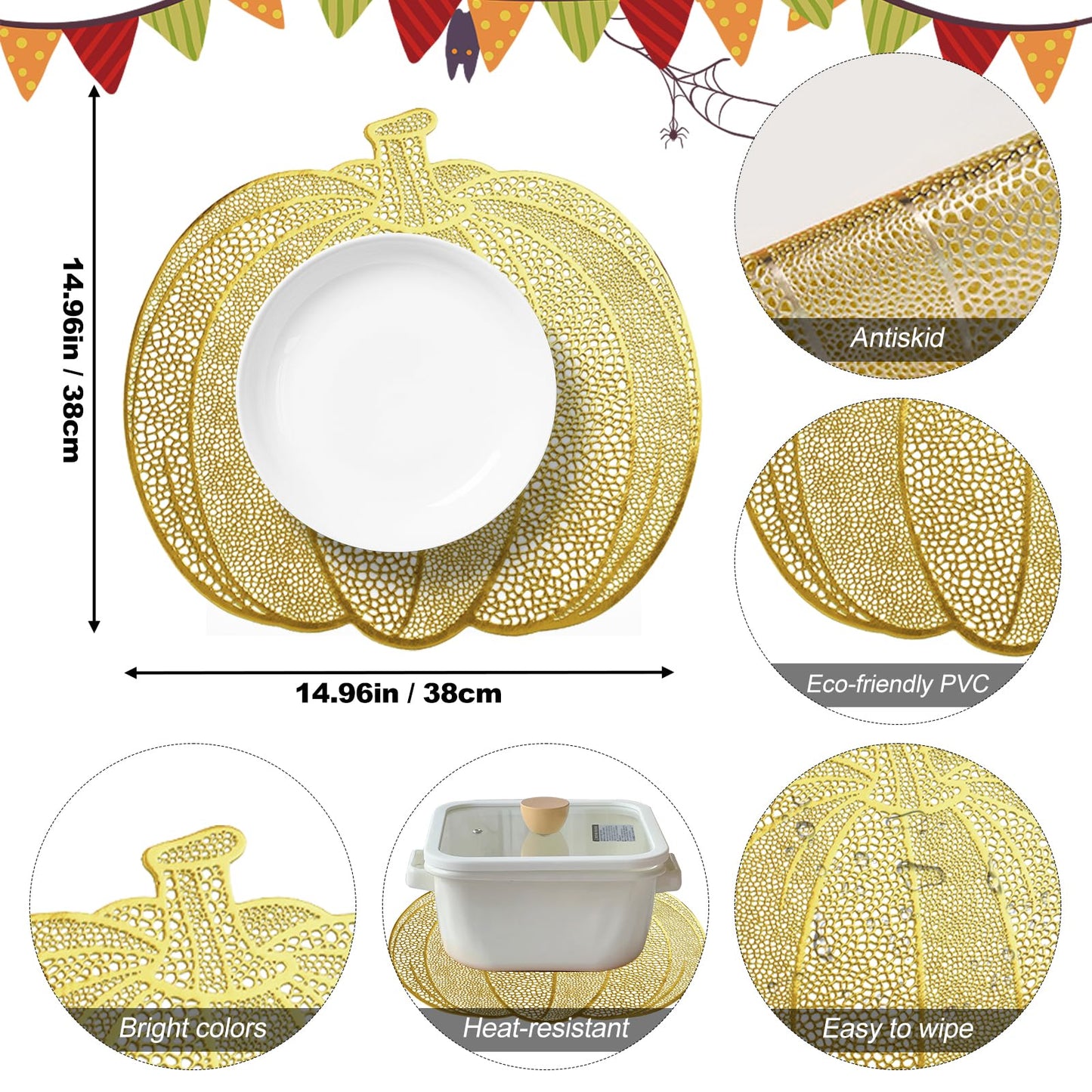 Pumpkin Placemats Set of 6, Gold Harvest Placemats Fall Thanksgiving Placemats Table Mats for Thanksgiving,Halloween and Party Table Decorations 15X15inch