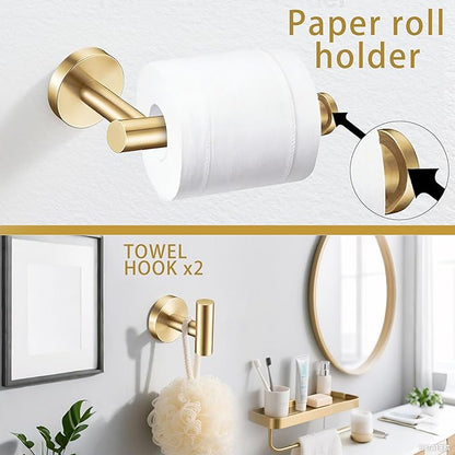 6 Pieces Brushed Gold Bathroom Hardware Accessories Set Hand Towel Ring 16&23.6 inch Round Towel Bar Toilet Paper Holder Towel Hooks 2 Pieces SUS 304 Stainless Steel,Heavy Duty,Wall Mounted