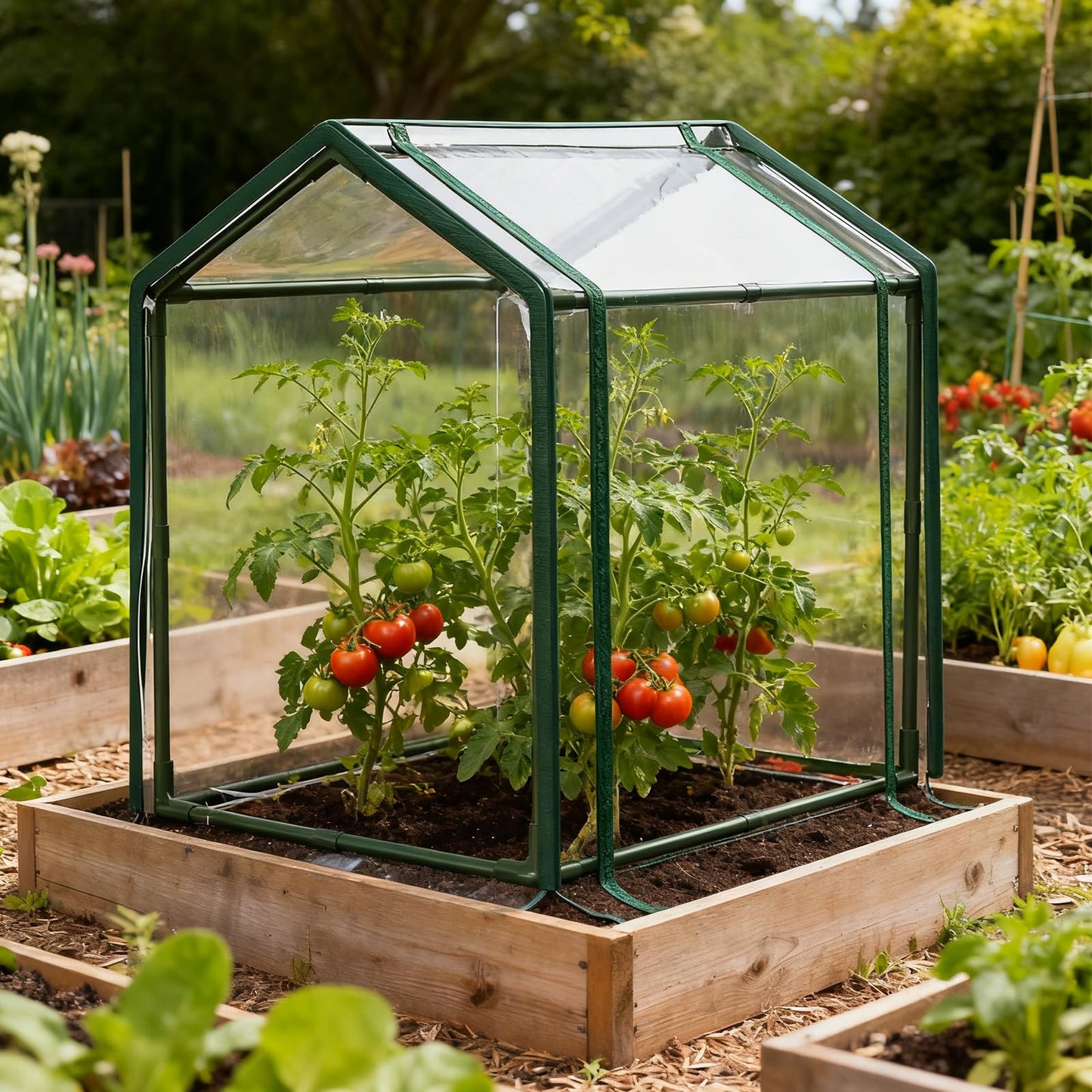 Mini Greenhouse with Zippered Doors & Roll-up Windows, Elevated Bottom Portable Plant Hot House with Durable PVC Cover, Water Resistant, UV Protected for Outdoor Flowers, Vegetables