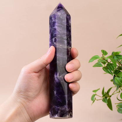 WUYOUSHI Large Natural Dream Amethyst Healing Crystal Wand 5.11-5.9" Natural Crystal Tower 6 Faceted Chakra Crystal Point Meditation Therapy Reiki Energy Stone Home Decor Collection Gift