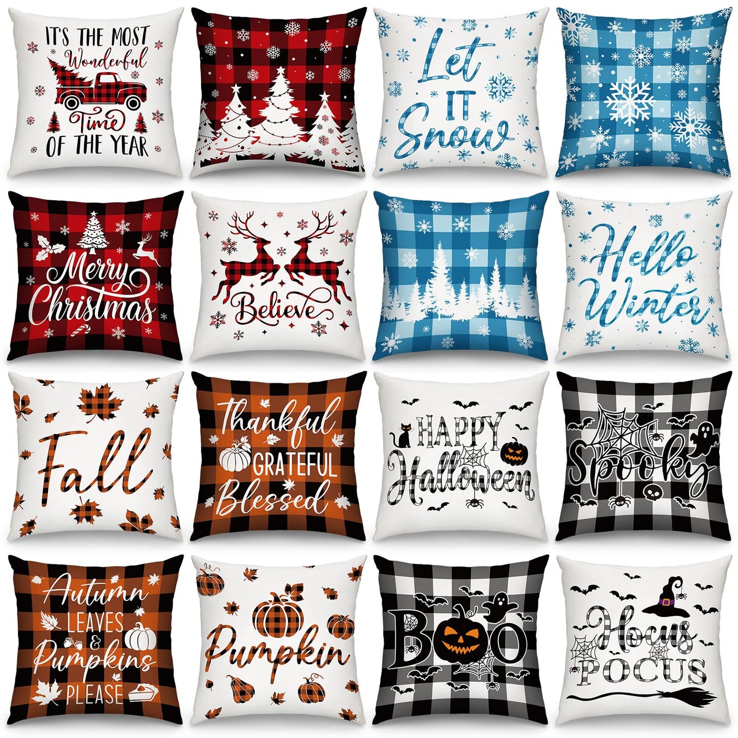 GlikCeil Set of 16 Christmas Pillow Covers 18 x 18 Inch Holiday Throw Pillow Covers Halloween Fall Winter Seasonal Pillowcases Decorative Cushion Pillowcases for Farmhouse Home Couch Sofa Decor