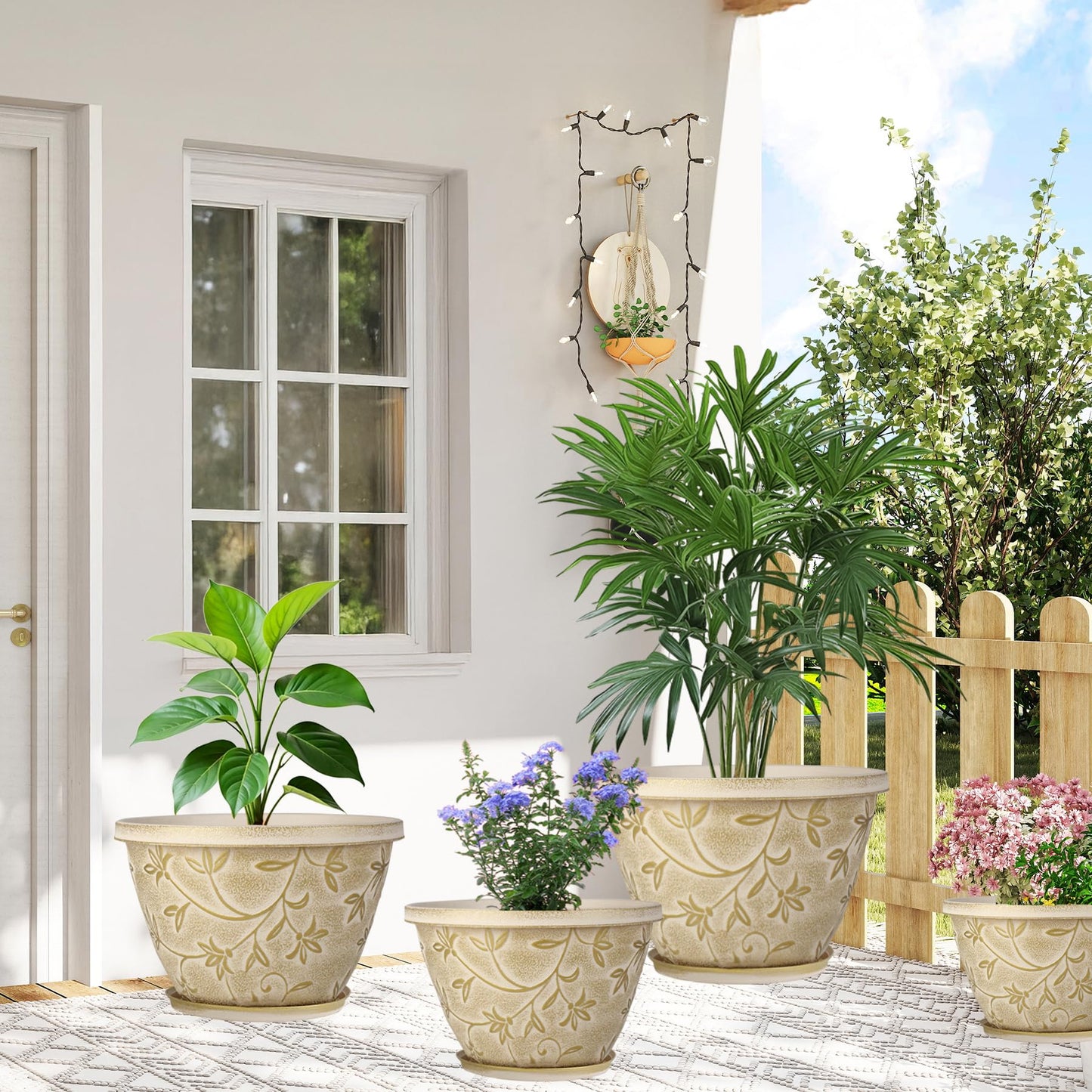 Nooulap 4 Pack 10 Inch Plant Pot with Drainage & Saucer, Plastic Flower Pots Outdoor Indoor, Beige Planters with Gold Flower Partten, for Patio, Garden Home Decor