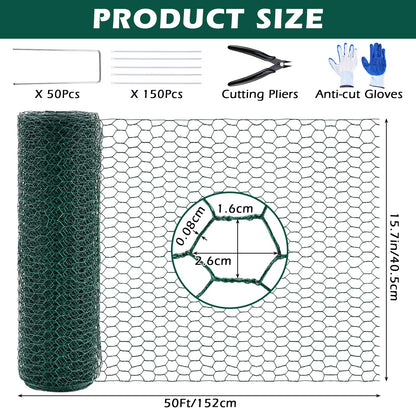 Patioer 16IN x 50Ft Plant Protectors from Animals, Wire Plant Cages for Outdoor, Chicken Wire Mesh Cloche with Plier Ground Stakes Gloves & Nylon Ties