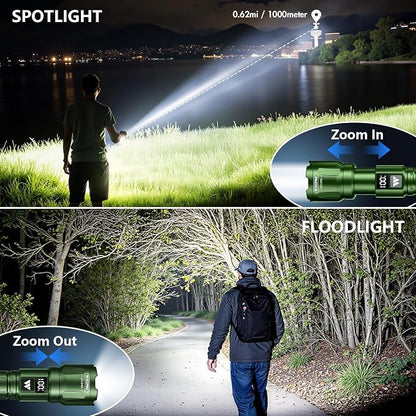 WdtPro LED Rechargeable Flashlight 2 Pack, 3 Modes Super Bright High Lumens Flashlights, Zoomable Tactical Flash Light with LCD Display, IP65 Waterproof Flashlights for Home Emergency Camping - Green