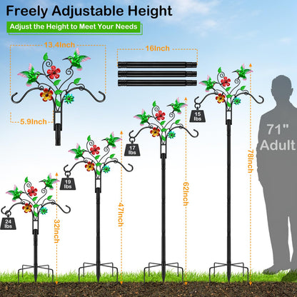 Double Shepherds Hooks for Outdoor, 2 Pack 78 Inch Bird Feeder Pole with 5 Prongs Base, Adjustable Heavy Duty Plant Hangers Hummingbird Art for Outdoor Plants Hummingbird Feeder Hanging Basket Lantern