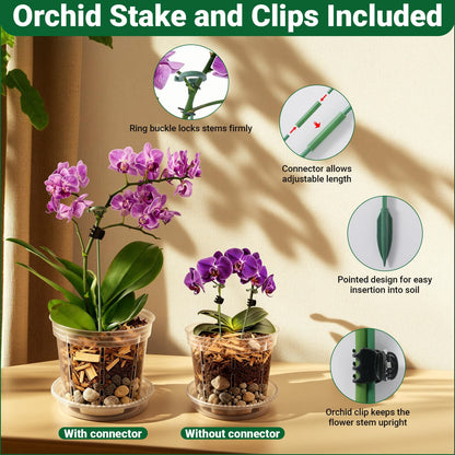 FDKYOEK 12 Pack Orchid Pots, 4/5/6 Inch Plastic Orchid Pots with Holes and Saucers, Clear Orchid Pot with Plant Stakes and Clips, Small Breathable Orchid Planter Nursery Pot for Repotting