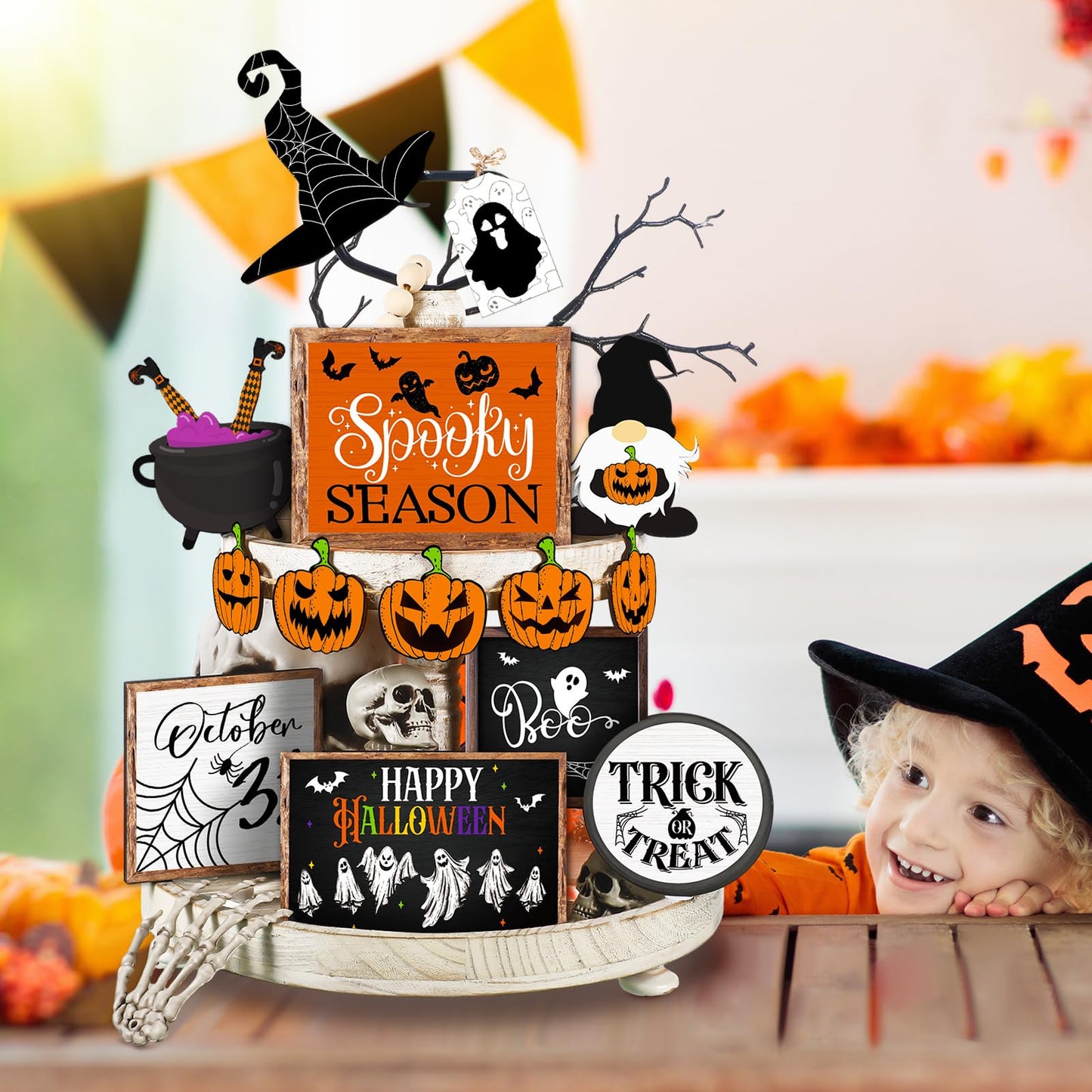 14 Pcs Halloween Tiered Tray Decor Set Cute Halloween Wooden Signs Rustic Pumpkin Farmhouse Gnomes Boo Wizard Trick or Treat Blocks Table Sign for Party Favors
