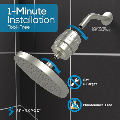 SparkPod 23-Stage Filtered Shower Head, 8" Round, Brushed Nickel | Filtered Shower Head for Hard Water Filter, High Pressure, Reduces Chlorine, Heavy Metals, For Dry Skin & Hair