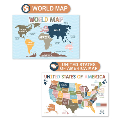 Hadley Designs 4 Alphabet, Map of United States, World Map, & Solar System Posters - Laminated ABC Charts for Toddlers Wall Decor, Boho Posters for Kindergarten, Prek Classroom or Homeschool 11x17