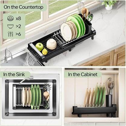 Small Dish Drying Rack, Mini Expandable Compact Dish Rack, Slim Extendable Stainless Steel Dish Drainer for Kitchen Plate Storage, Space Saving Dish Strainer in Sink or on Home Countertop, Matte Black