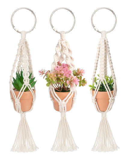 Macrame Plant Hangers, 3 Pcs Plant Hangers with Artificial Succulent Plants, Interior Car Accessories for Women, Rear View Mirror Accessories by MoHern