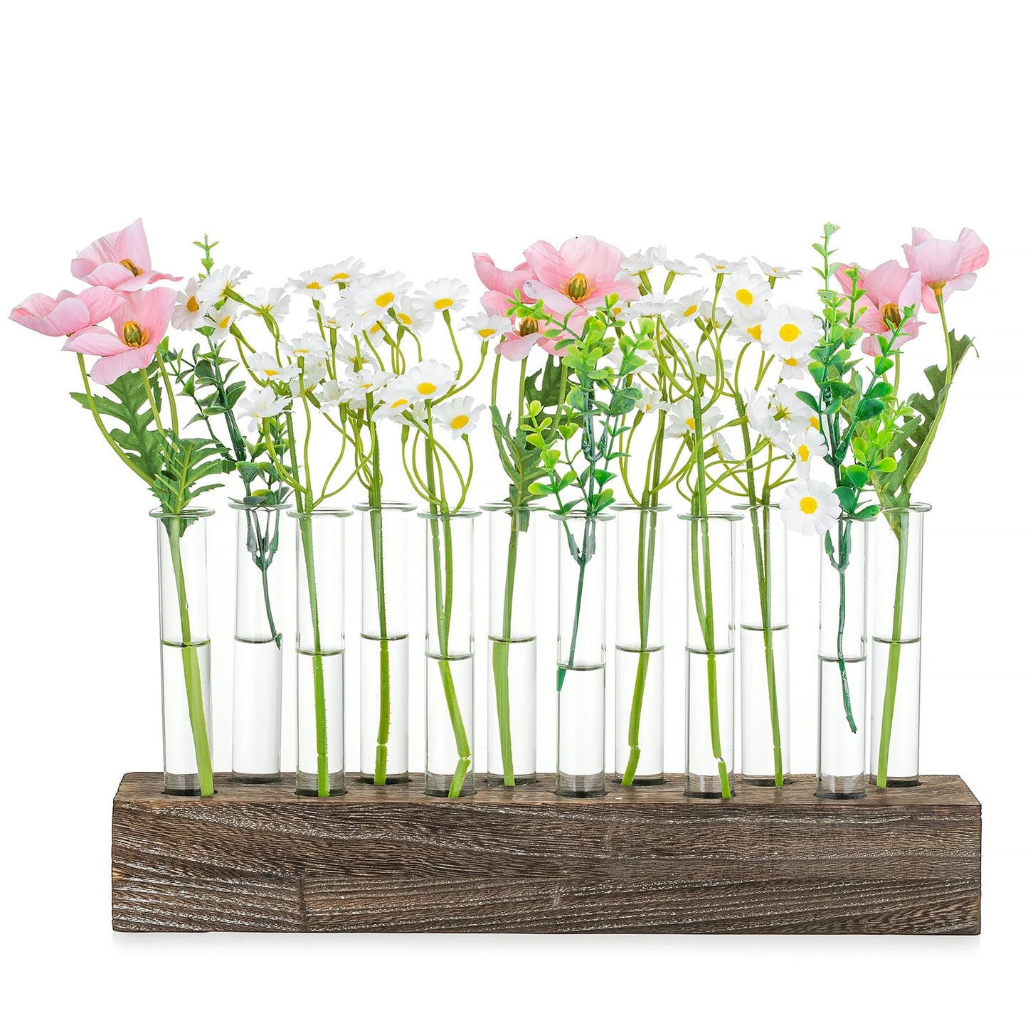 NUPTIO Vase Wedding Centerpiece for Table: 15" Long Rectangular Wooden Base and 12 Pcs Glass Test Tube Bud Vases for Flower Arrangement Dining Table Center Piece Home Decor Gifts for Plant Lovers