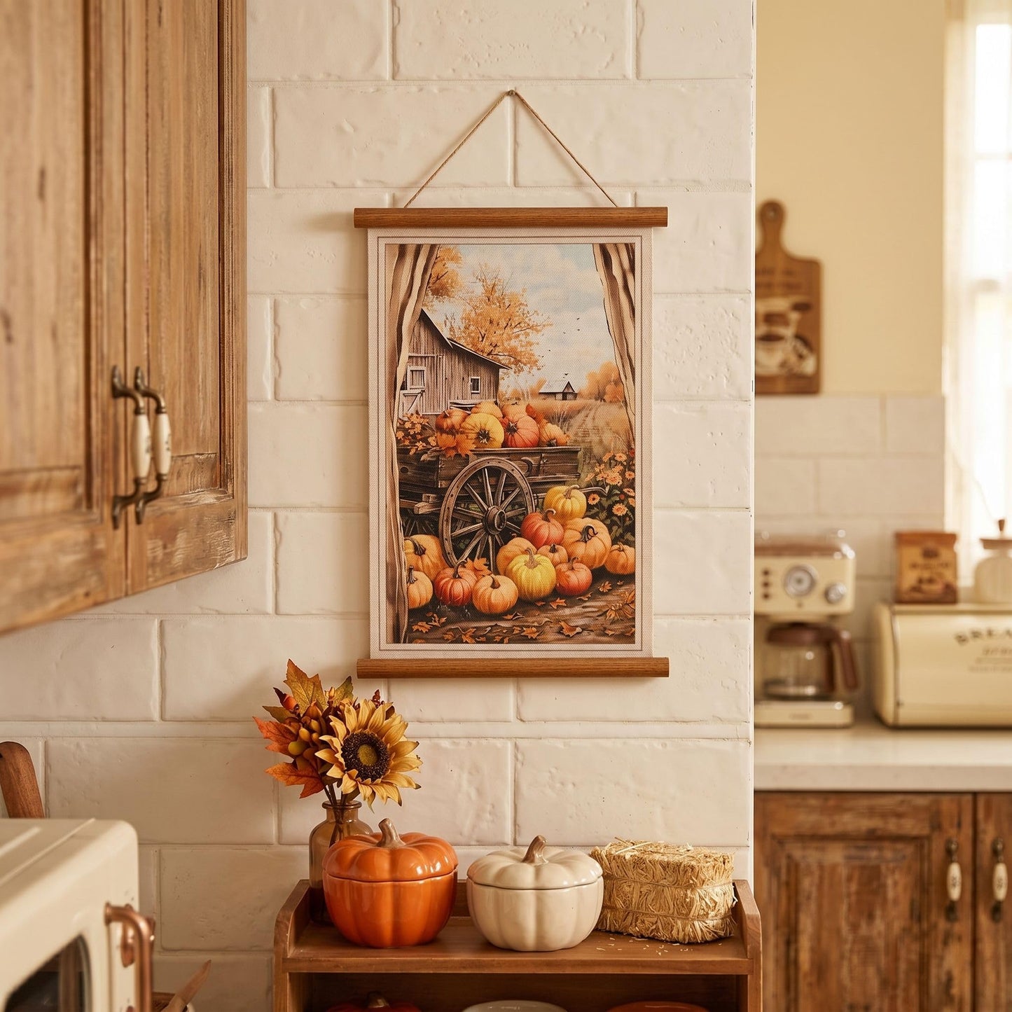 ArtbyHannah Farmhouse Fall Wall Art Decor, Harvest Autumn Thanksgiving Scroll Wall Decor for Bedroom Bathroom Door Home Decor, Rustic Linen Wall Hanging Artwork with Pumpkin Barn Scene, 16x24 Inch