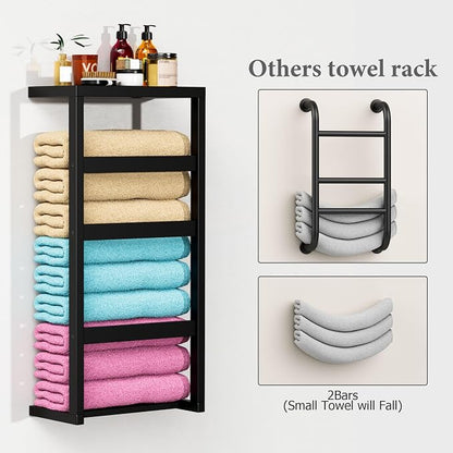 Bamboo Wall Blanket Ladder, 4-Tier Towel Racks, Bamboo Bath Towel Racks for Bathroom Wall Mounted, Decorative Blanket, Quilt, Towel, Scarf Ladder Shelves for Bathroom, Living Room, Bedroom， Black