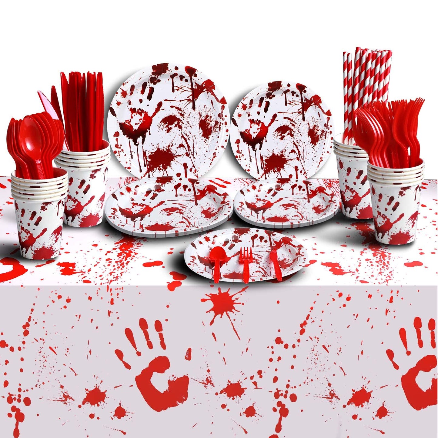 Halloween Party Supplies Dinnerware Decorations - Bloody Zombie Tablecloth, Paper Plates, Cups, Straw, Napkins, Cutlery - Horror Halloween Birthday Party Decorations Tableware Serves 20 Guests-161CT
