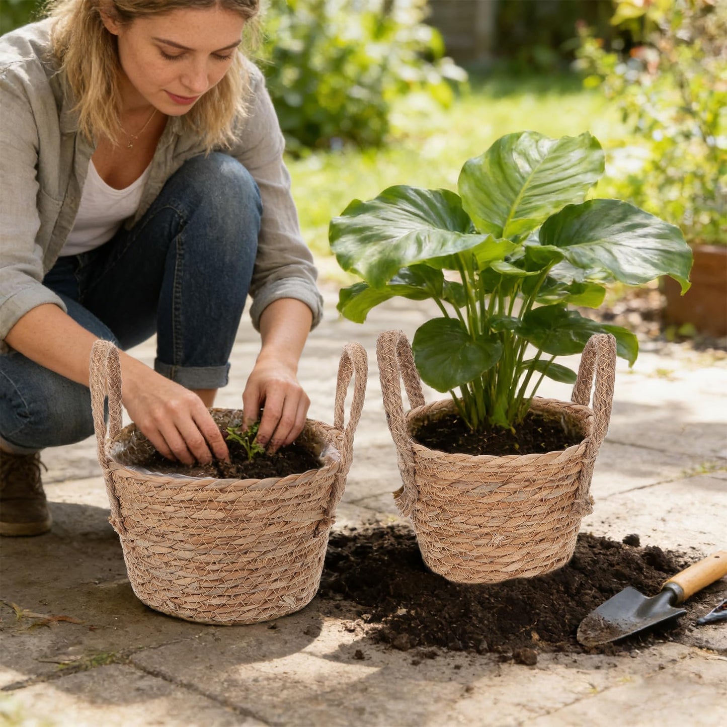 MegoSage 5 Pcs Premium Planter Basket with Plastic Liner Flower Baskets Containers with Handles for Indoor Outdoor Hand Woven Plant Basket for Garden Home Decor Flower Pots Decoration