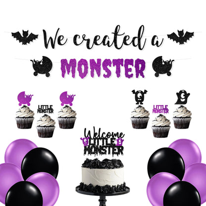 We Created a Monster Baby Shower Decorations – Spooky Baby Shower Banner, Little Monster Cupcake Toppers, Cake Topper & Balloons, Black & Purple Halloween Theme