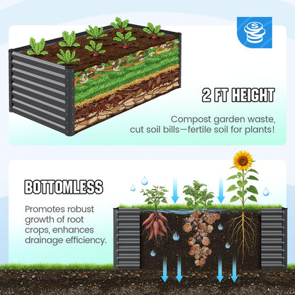 Quictent Galvanized Raised Garden Bed 6x3x2 Ft Metal Planter Box Bottomless for Backyard Outdoor, Include 1 pc Tomato Cage (Dark Gray)