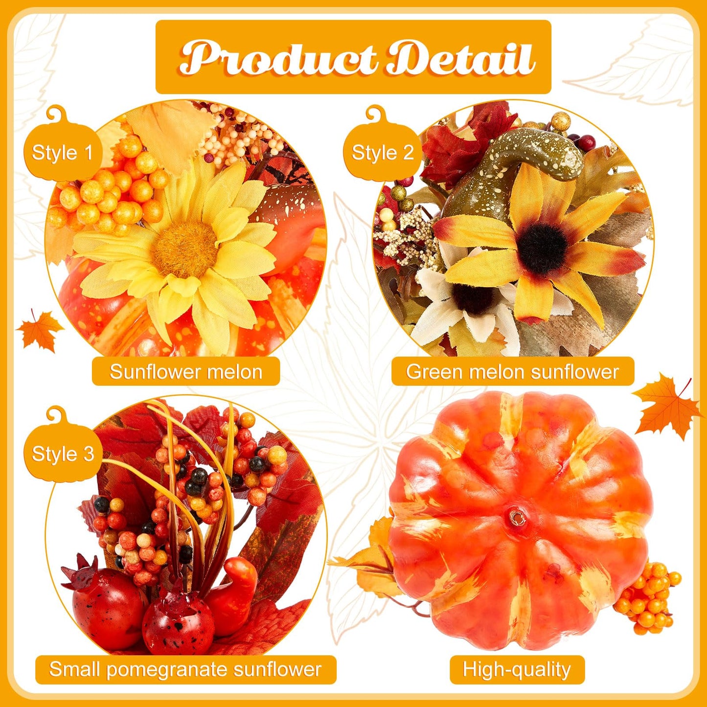 Leinuosen 12 Pcs Fake Pumpkin Centerpiece for Table 6 Inch Pumpkins with Maple Sunflower Berry Decorative Pumpkins Artificial Foam Pumpkin for Fall Harvest Halloween Thanksgiving Table Decoration