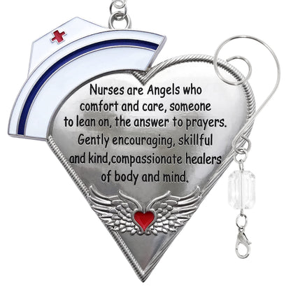 Nurse Christmas Ornament with Message, Engraved Silver Metal Nurses Hat & Heart with Angel Wings, Hand Painted Enamel Holiday Keepsake, Thank You Gift for Nurse, RN, LPN, CNA, Nursing Student, 4"
