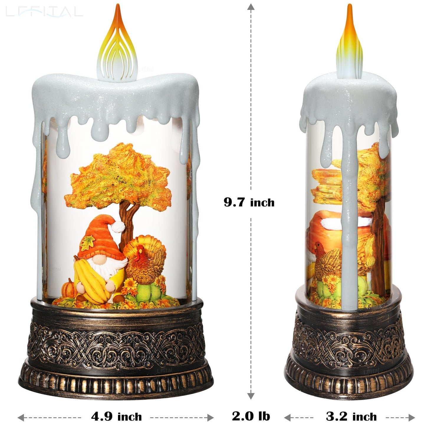 Lffital Fall Snow Globe Lantern Fall Decor Candle Shape with Gnome and Turkey, Lighted Thanksgiving Decorations with Timer Swirling Glitter for Tabletop Autumn Festival Harvest Day