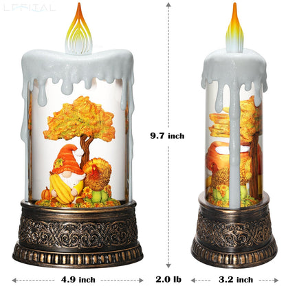 Lffital Fall Snow Globe Lantern Fall Decor Candle Shape with Gnome and Turkey, Lighted Thanksgiving Decorations with Timer Swirling Glitter for Tabletop Autumn Festival Harvest Day