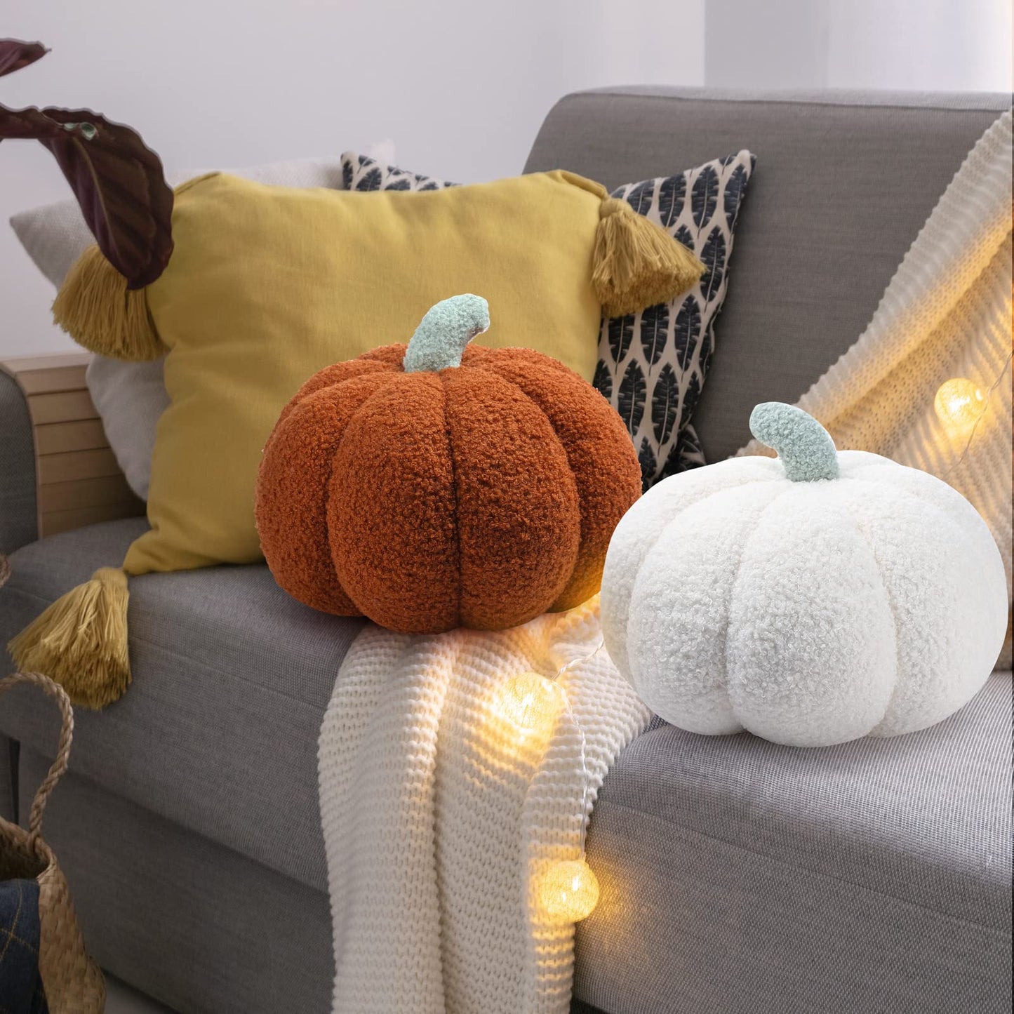 Kajaia 2 Pcs Simulated Pumpkin Plush Pillow 11 x 9.5 Inch 3D Cushion Fall Decorations Stuffed Throw Pillows Toy for Fall Halloween Thanksgiving Bedroom Sofa Couch Supplies (White,Brown)