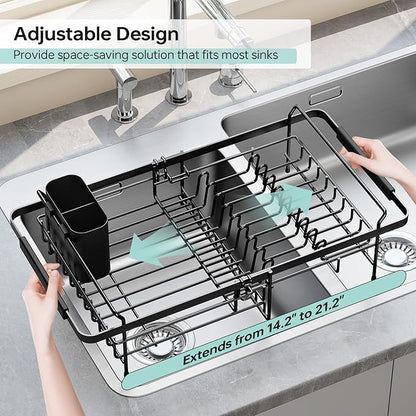 Urackify Dish Drying Rack in Sink - Stainless Steel Expandable (14.5''-18''L) Over The Sink Dish Rack with Utensil Holder, Space-Saving Dish Drainer for Kitchen Counter, 1 Piece, Matte Black