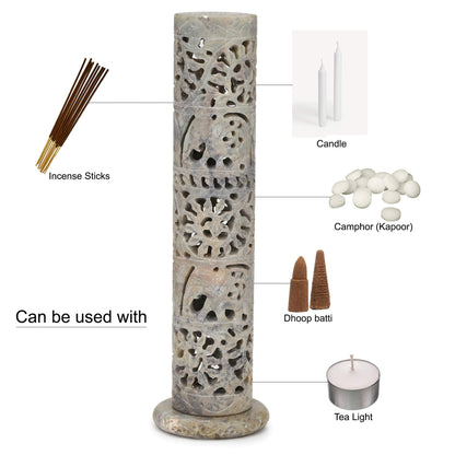 Carry Me Marble Soapstone Incense Stick Holder | Candle Burner | Tea Light Holder - Perfect Handmade Elephant Carving for Gifting. Decorative Home and Office Decor.(3 x 3 x 10.5 Inches)