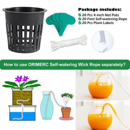 ORIMERC 4 inch Net Pots, 20 Pack Net Cups with 20 feet Self-Watering Rope&Plant Labels, for Hydroponic Aquaponics Kratky Orchid Vegetable Indoor Outdoor Growing Baskets Nursery Slotted Mesh BPA Free
