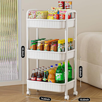JOYZAN 3 Tier Rolling Carts with Wheels, Utility Cart with Handle and Locking Caster, Storage Cart for Kitchen, Office, Bedroom, Suitable for Diaper, Art Tools, Snack, Craft Storage Cabinet, White