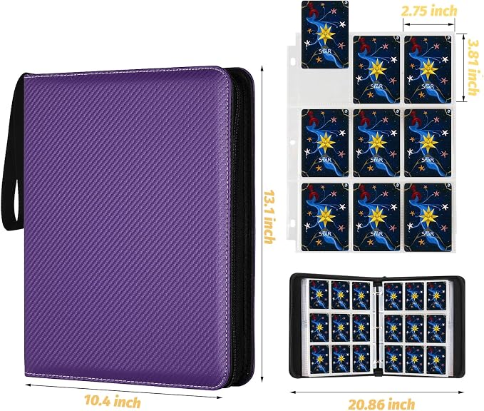 900 Pockets Round Ring Trading Card Binder, 9-Pocket Clear Zipper Card Album with Wrist Strap, Holds 900 Standard TCG & Sports Cards, Not Fit Top Loaders (Carbon Purple)