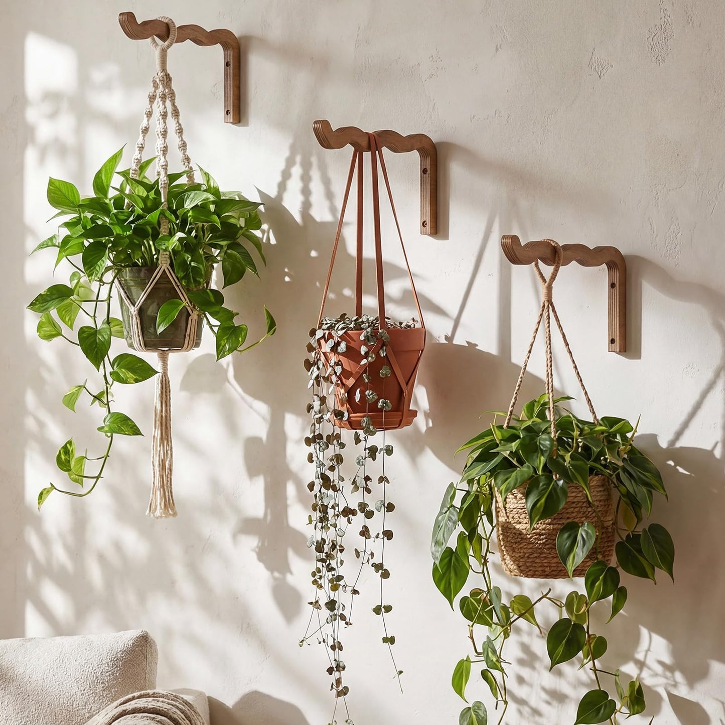 Fiwochic 2 Pack Wooden Wall Plant Hangers, 12 Inch Wavy Hanging Plant Hooks Walnut Color Hanging Brackets for Indoor Outdoor Flower Pots, Wind Chimes, Lanterns, Bird Feeders