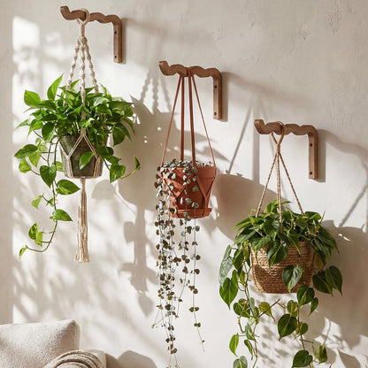 Fiwochic 2 Pack Wooden Wall Plant Hangers, 12 Inch Wavy Hanging Plant Hooks Walnut Color Hanging Brackets for Indoor Outdoor Flower Pots, Wind Chimes, Lanterns, Bird Feeders