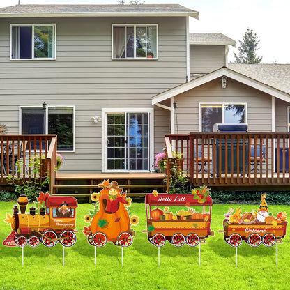 Weysat 4 Pcs Thanksgiving Yard Signs Train Outside Turkey Decoration Pumpkin Turkey Maple Gnome Thanksgiving Outside Decorations with 8 Pcs Plastic Stakes for Lawn Decor