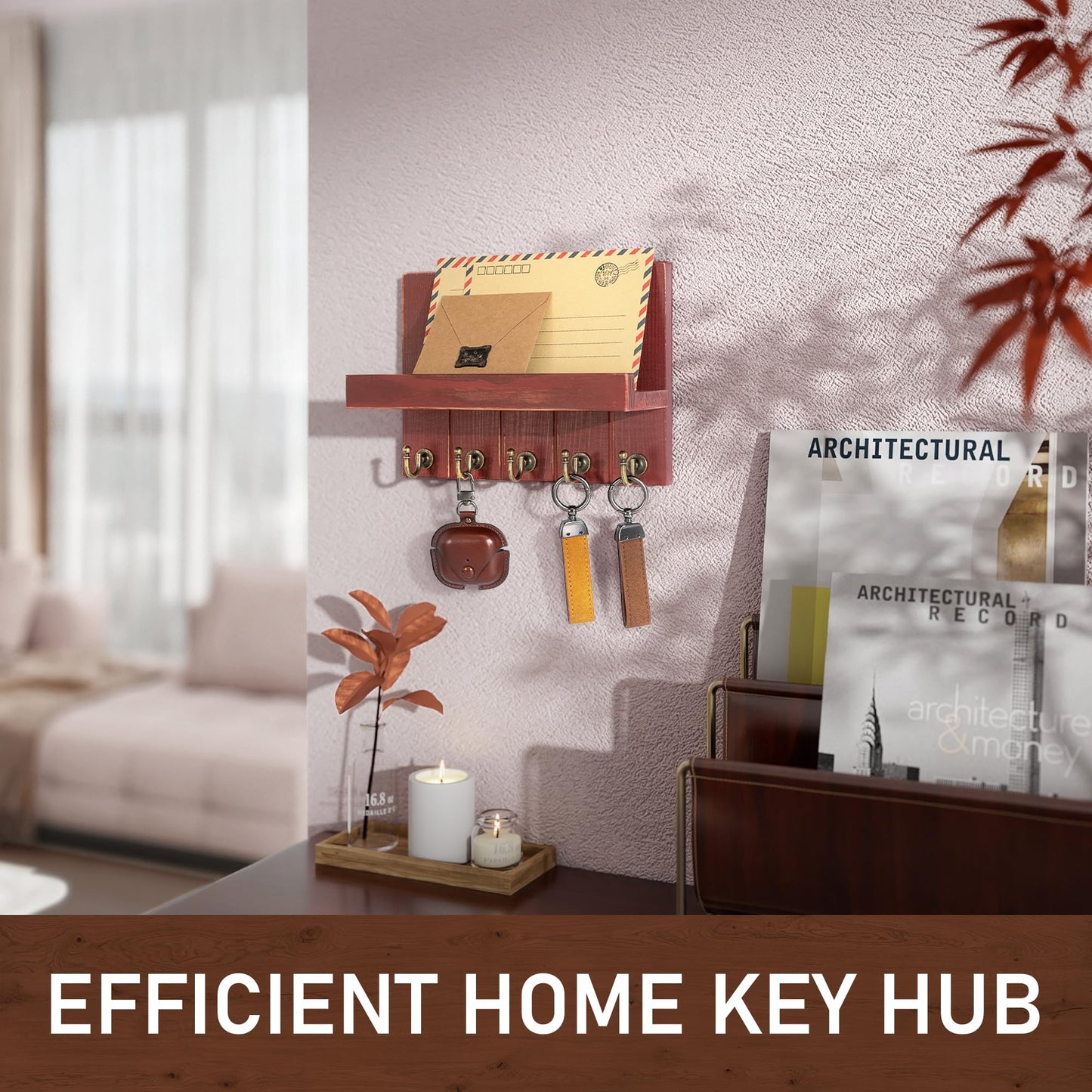 Rebee Vision Pine Wood Key Holder Wall Mount – Rustic Key Holder for Wall with Shelf for Mail & Apartment Essentials – Perfect for Farmhouse Decor (Red,3.54" D x 10" W x 7.28" H)