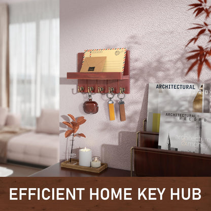 Rebee Vision Pine Wood Key Holder Wall Mount – Rustic Key Holder for Wall with Shelf for Mail & Apartment Essentials – Perfect for Farmhouse Decor (Red,3.54" D x 10" W x 7.28" H)