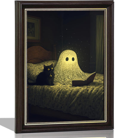 Ghost and Black Cat Wall Art 9x11, Dark Brown Framed Canvas Print, Cute Spooky Reading Ghost Picture, Halloween Bedroom Decor for Cat Lovers