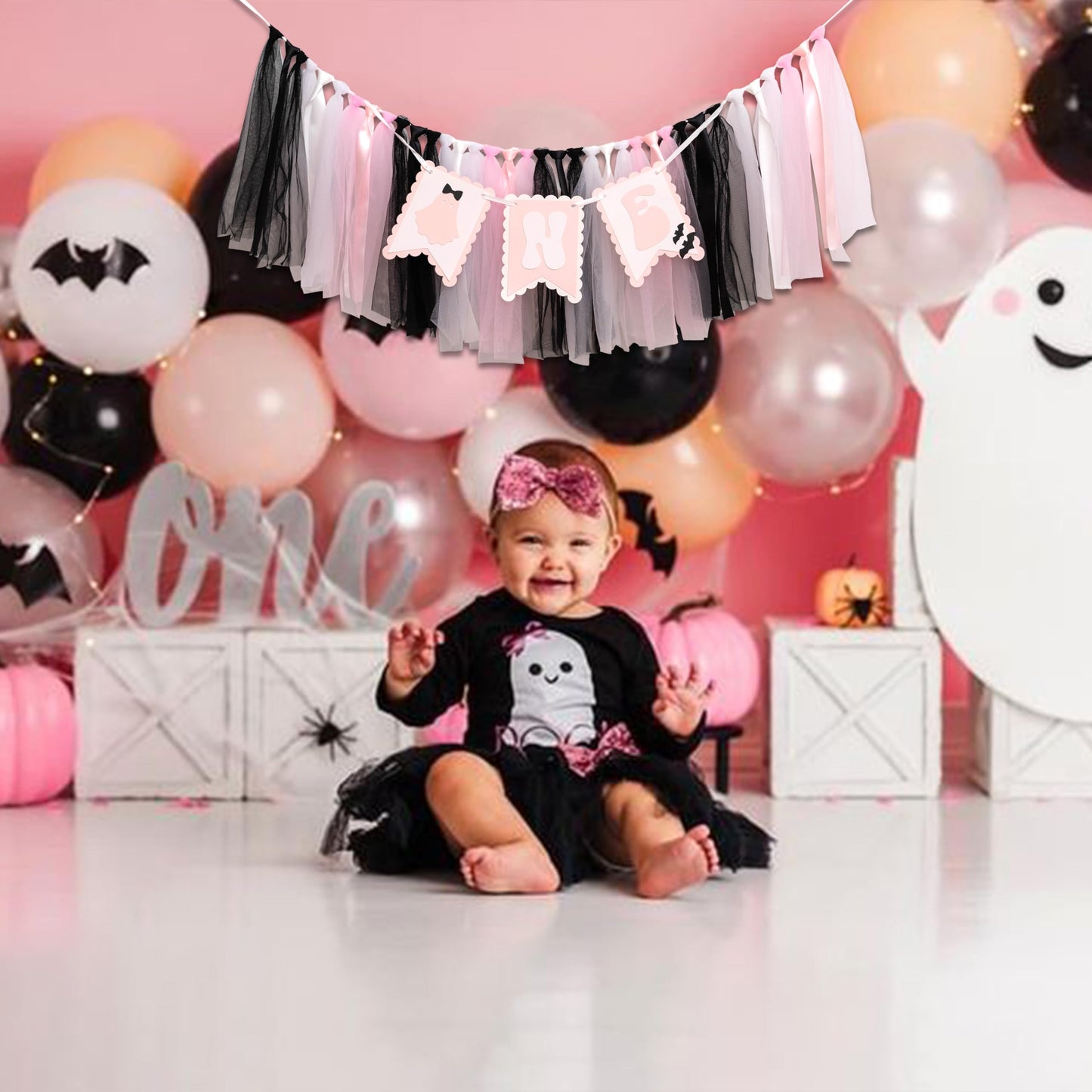 Spooky One High Chair Banner - Halloween Spooky Highchair Banner 1st Birthday, Little Ghost Halloween First Birthday Party Decorations for Cake Smash, Photo Props
