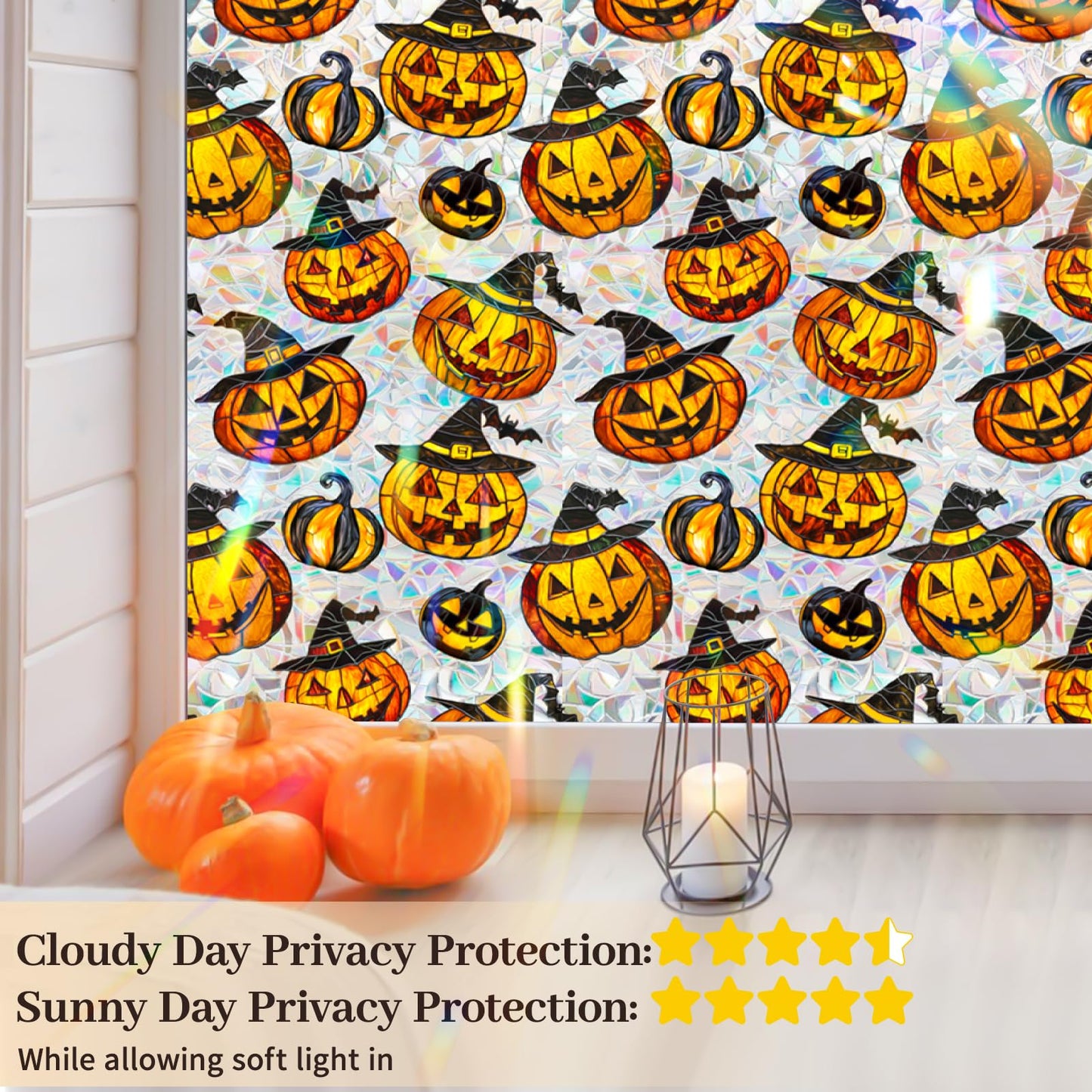 Bloss Halloween Window Clings,Stained Glass Windows Film,Pumpkin Glass Fall Windows Clings, 3D Decorative Privacy Films,Cute Halloween/Thanksgiving Window Stickers for Home Decor, 17x39.4Inch