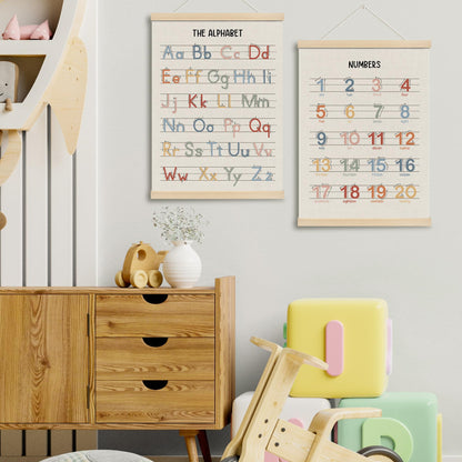 MOTERMATE Boho Alphabet Numbers Poster Hanger Frame, Alphabet Numbers Educational Wall Hanging Decor Art Framed for Kids Nursery Room Classroom, Nursery Wall Poster Prints, 12x16 Inch Set of 2