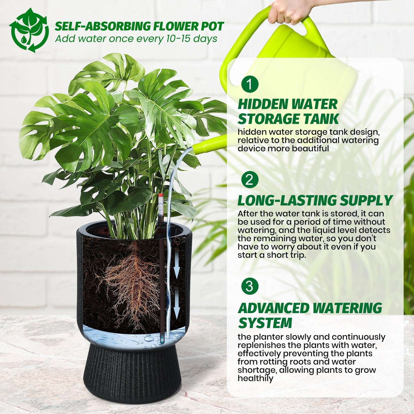CABIHOME 14.2" Tall Planters, 2packs-Large Planter for Outdoor Plants, Flower Pots with Water Level Monitor, for Patio, Porch, Living Room, Home Office, for Outdoor & Indoor Plants, Classic White