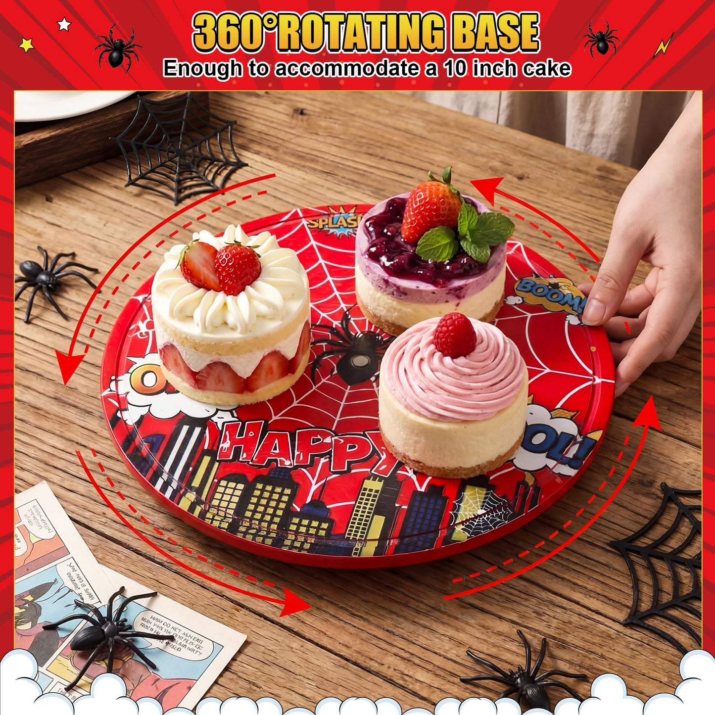 Yiyiring 11 Inch Spider Rotating Cake Stand, Spider Party Cupcake Dessert Display with Non-Slip Base Round Spinning Cake Holder Charcuterie Board Server Tray for Party Wedding Birthday