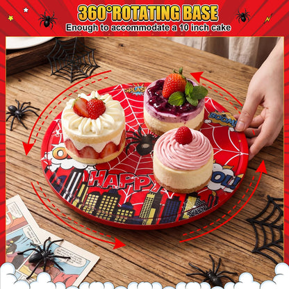 Yiyiring 11 Inch Spider Rotating Cake Stand, Spider Party Cupcake Dessert Display with Non-Slip Base Round Spinning Cake Holder Charcuterie Board Server Tray for Party Wedding Birthday