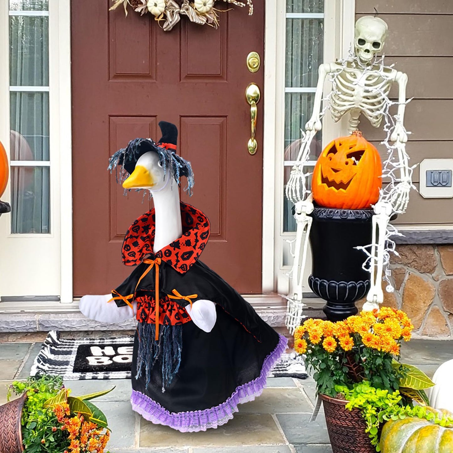 Cutecrop Halloween Goose Outfit Witch Goose Clothes for 23" High Cement or Plastic Lawn Clothing Porch Garden Costume for Yard Lawn Outdoor Garden Patio Statue Holiday Decor