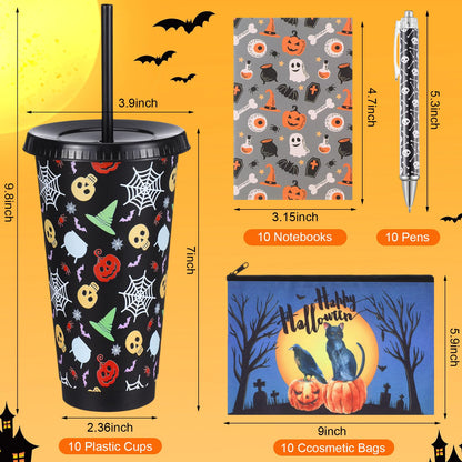 Mimorou 40 Pcs Halloween Party Favors Supplies 10 Sets Gifts Includes 24 oz Spider Skull Tumbler with Lid and Straw Cosmetic Bags Notepads Ballpoint Pens for Halloween Party Favors