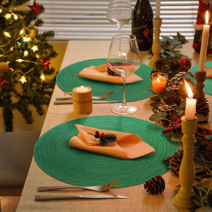 AHHFSMEI Round Braided Placemats Set of 6 Woven Table Mats for Dining Table Heat Resistant Easy to Clean Perfect for Kitchen & Home Decor (Christmas Green)